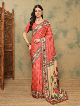 Akhilam - Women Coral Silk Blend Floral Saree with Unstitched Blouse