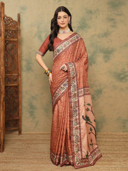 Akhilam - Women Rust Silk Blend Floral Saree with Unstitched Blouse
