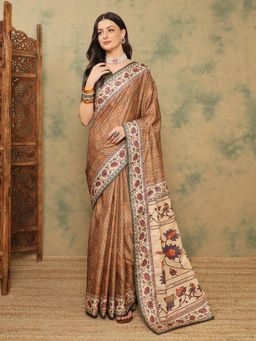 Akhilam - Women Blue Silk Blend Floral Saree with Unstitched Blouse