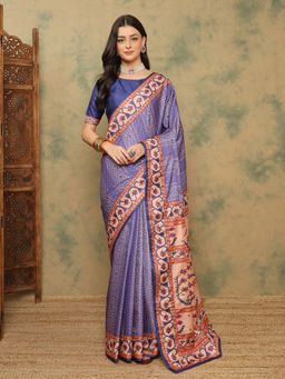 Akhilam - Women Lavender Silk Blend Geometric Saree with Unstitched Blouse