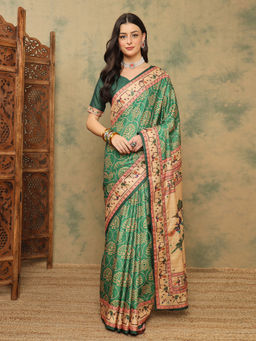 Akhilam - Women Green Silk Blend Geometric Saree with Unstitched Blouse