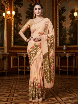 Akhilam - Women Peach Georgette Floral Saree with Unstitched Blouse
