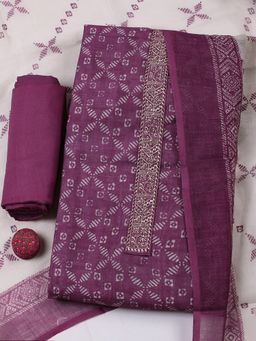 MEENA BAZAAR - Printed Linen Mauve Unstitched Kurta with Bottom and Dupatta