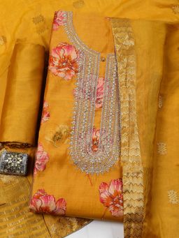 MEENA BAZAAR - Floral Cotton Mustard Unstitched Kurta with Bottom and Dupatta