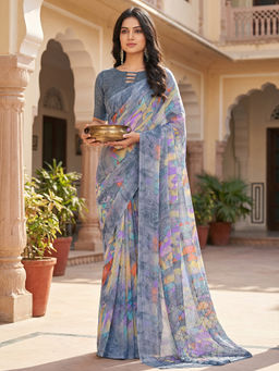 Akhilam - Women Grey Chiffon Geometric Saree with Unstitched Blouse