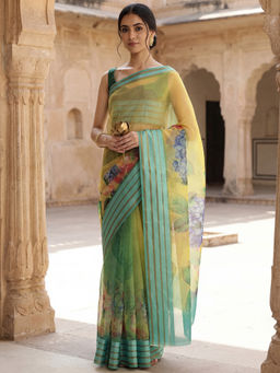 Akhilam - Women Yellow Organza Floral Saree with Unstitched Blouse