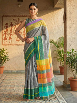 Akhilam - Women Grey Silk Blend Stripes Saree with Unstitched Blouse