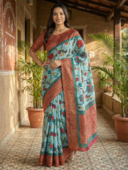 Akhilam - Women Blue Silk Blend Floral Saree with Unstitched Blouse