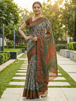 Akhilam - Women Grey Silk Blend Floral Saree with Unstitched Blouse