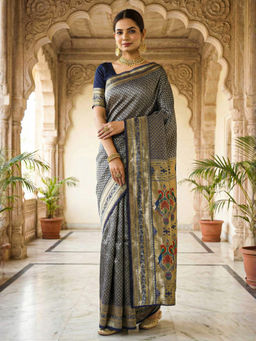 Akhilam - Women Navy Blue Silk Blend Woven Saree with Unstitched Blouse