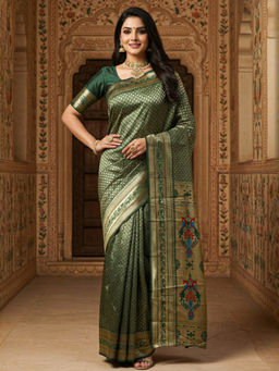 Akhilam - Women Green Silk Blend Woven Saree with Unstitched Blouse