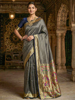 Akhilam - Women Navy Blue Silk Blend Woven Saree with Unstitched Blouse