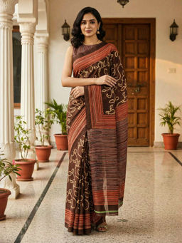 Akhilam - Women Brown Georgette Floral Saree with Unstitched Blouse
