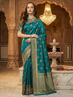Akhilam - Women Teal Silk Blend Woven Saree with Unstitched Blouse