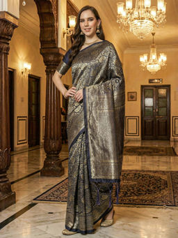 Akhilam - Women Navy Blue Silk Blend Woven Saree with Unstitched Blouse