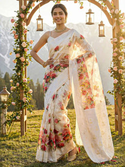 Akhilam - Women Beige Cotton Blend Woven Saree with Unstitched Blouse