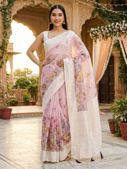 Akhilam - Women Mauve Cotton Blend Woven Saree with Unstitched Blouse