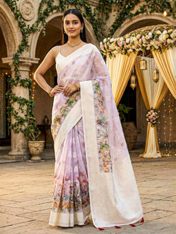 Akhilam - Women Lavender Cotton Blend Woven Saree with Unstitched Blouse