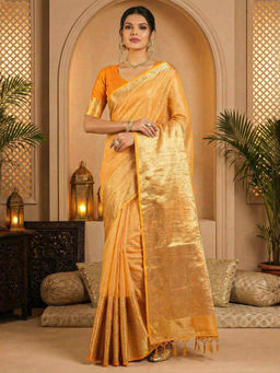 Akhilam - Women Yellow Cotton Blend Woven Saree with Unstitched Blouse
