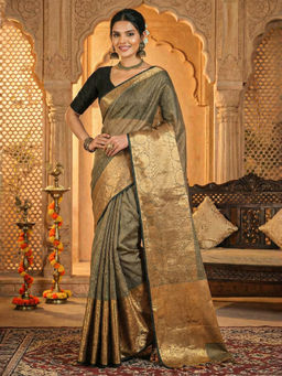 Akhilam - Women Gold Cotton Blend Woven Saree with Unstitched Blouse