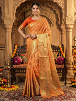Akhilam - Women Orange Cotton Blend Woven Saree with Unstitched Blouse