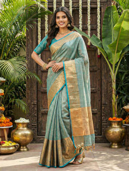 Akhilam - Women Blue Cotton Blend Woven Saree with Unstitched Blouse