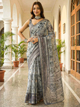 Akhilam - Women Grey Linen Floral Saree with Unstitched Blouse