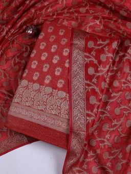 MEENA BAZAAR - Printed Chanderi Red Unstitched Kurta with Bottom and Dupatta
