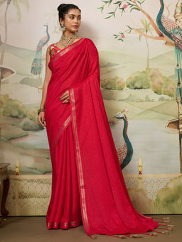 Akhilam - Women Red Tussar Silk Solid Saree with Unstitched Blouse