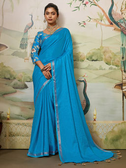 Akhilam - Women Blue Tussar Silk Solid Saree with Unstitched Blouse