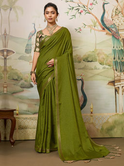 Akhilam - Women Green Tussar Silk Solid Saree with Unstitched Blouse