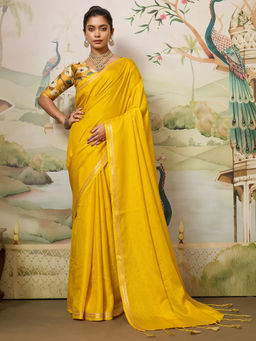 Akhilam - Women Yellow Tussar Silk Solid Saree with Unstitched Blouse