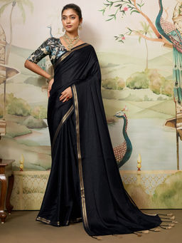 Akhilam - Women Black Tussar Silk Solid Saree with Unstitched Blouse