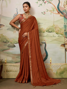 Akhilam - Women Brown Tussar Silk Solid Saree with Unstitched Blouse