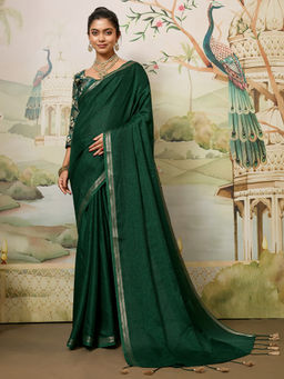 Akhilam - Women Green Tussar Silk Solid Saree with Unstitched Blouse