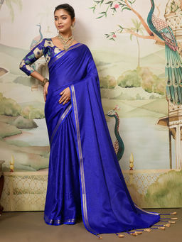 Akhilam - Women Blue Tussar Silk Solid Saree with Unstitched Blouse