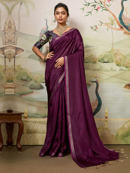 Akhilam - Women Purple Tussar Silk Solid Saree with Unstitched Blouse
