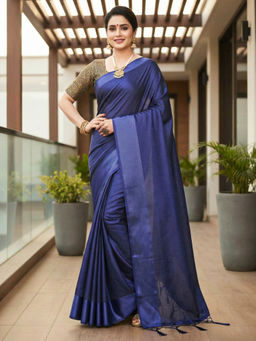 Akhilam - Women Blue Satin Solid Saree with Unstitched Blouse