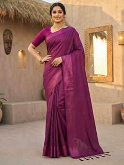 Akhilam - Women Magenta Satin Solid Saree with Unstitched Blouse