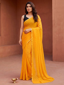 Akhilam - Women Yellow Chiffon Embellished Saree with Unstitched Blouse