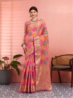 Akhilam - Women Pink Organza Woven Saree with Unstitched Blouse