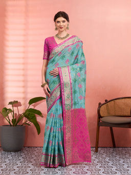 Akhilam - Women Blue Organza Woven Saree with Unstitched Blouse