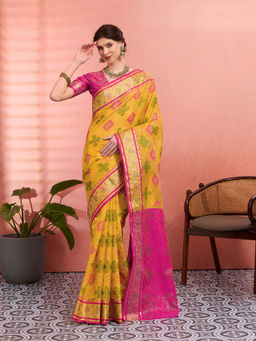 Akhilam - Women Yellow Organza Woven Saree with Unstitched Blouse