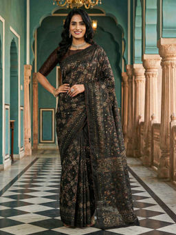 Akhilam - Women Black Silk Blend Floral Saree with Unstitched Blouse