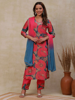FASHOR - Floral Printed Kurta with Pants & Dupatta - Coral (Set of 3)