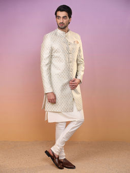 KISAH - Men Cream Textured Silk Blend Kurta Indowestern Sherwani Churidar Set with Ethnic Motifs