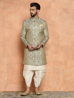 KISAH - Men Olive green Embroidery Silk Blend Kurta Indowestern Sherwani Dhoti Set with Ethnic Motifs