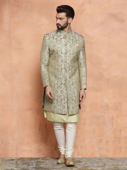 KISAH - Men Olive green Embroidery Silk Blend Kurta Indowestern Sherwani Churidar Set with Ethnic Motifs