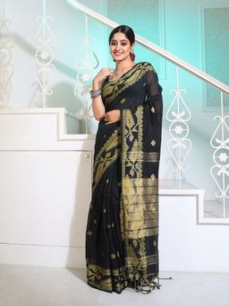 CHARUKRITI - Black Cotton Handspun Saree with Woven Jamdani Borders with Unstitched Blouse