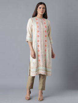 W - Ecru Floral Print Kurta Ith Sequin